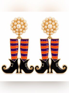 Halloween Witch Boot Dangle Earrings Gold Enamel Striped Socks Faux Pearl NEW
